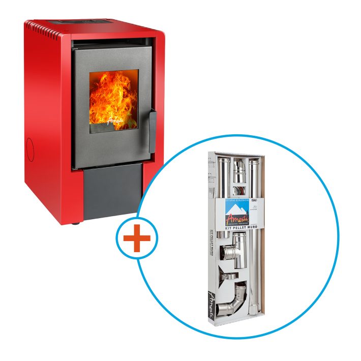 COMBO ESTUFA A PELLET ITALY 6100 ROJO AMESTI + KIT CAÑONES MURO